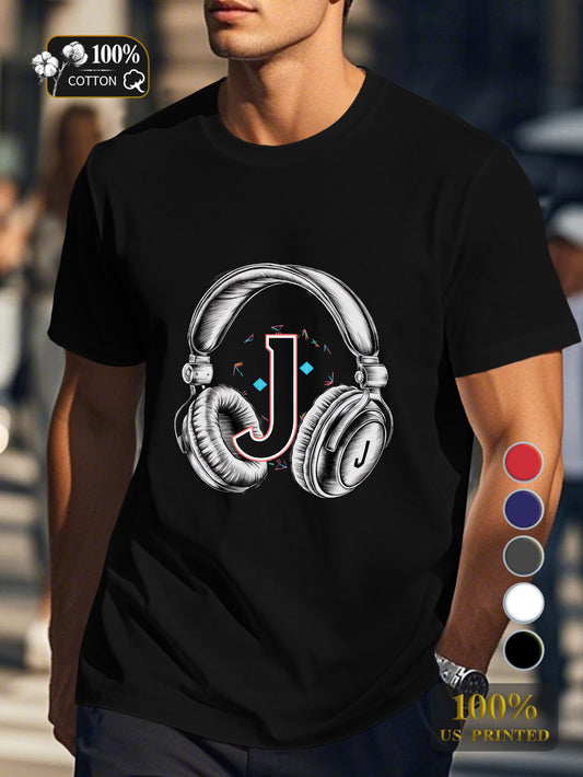 vintage headphones and letter J Men's pure cotton Tshirt Comfort Fit