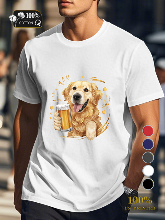 Golden retriever with beer Men's pure cotton Tshirt Comfort Fit