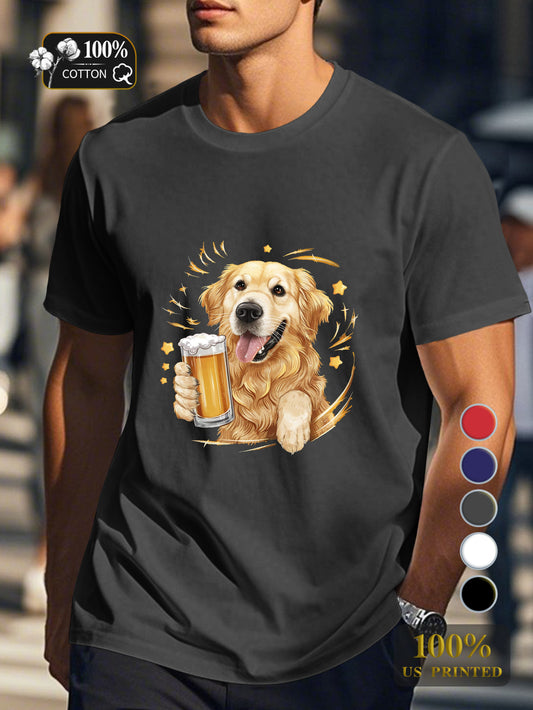 Golden retriever with beer Men's pure cotton Tshirt Comfort Fit