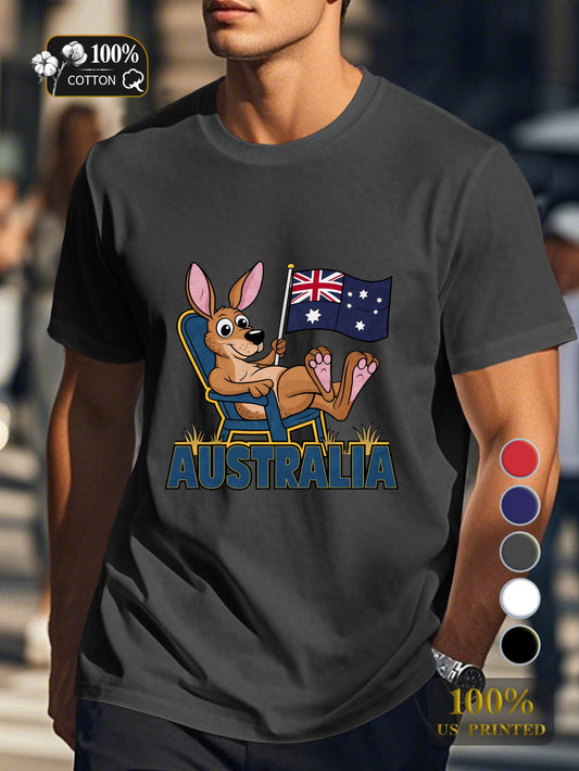 Cartoon kangaroo with flag Men's pure cotton Tshirt Comfort Fit